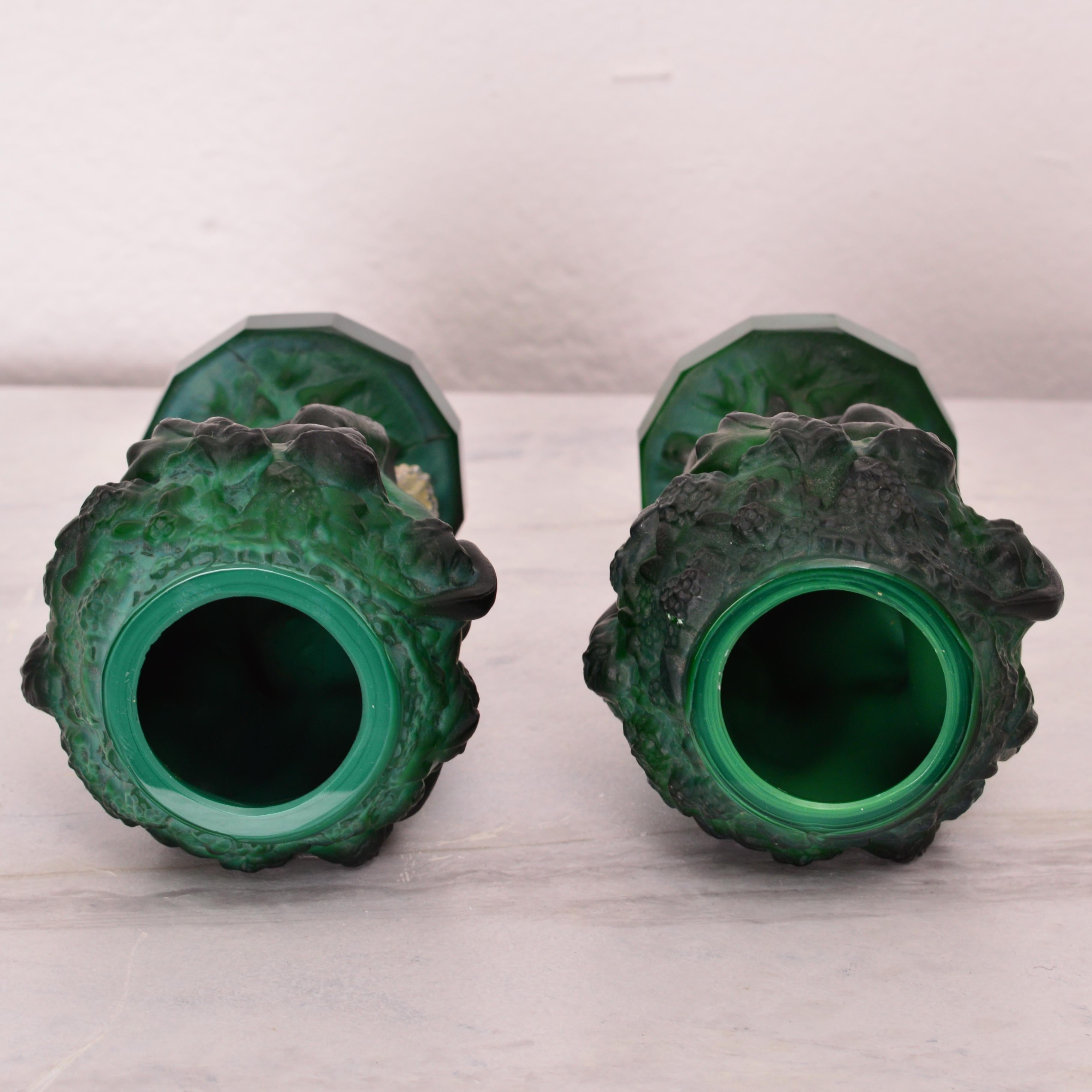 Molded Pair of Art Deco Curt Schlevogt Green Malachite Glass Nude Grape Picker Vases For Sale