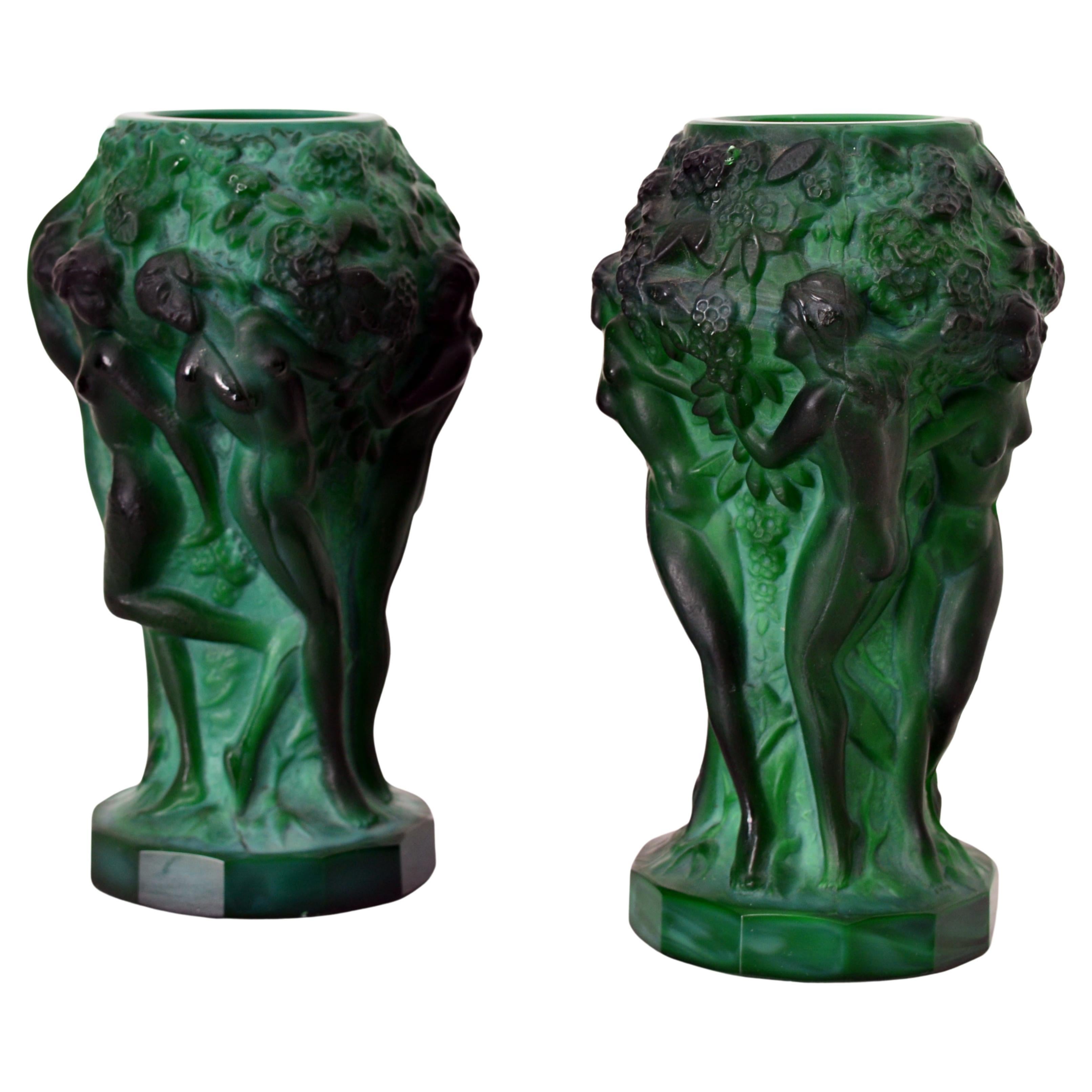 Pair of Art Deco Curt Schlevogt Green Malachite Glass Nude Grape Picker Vases For Sale