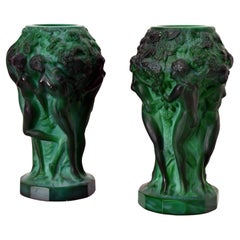 Antique Pair of Art Deco Curt Schlevogt Green Malachite Glass Nude Grape Picker Vases