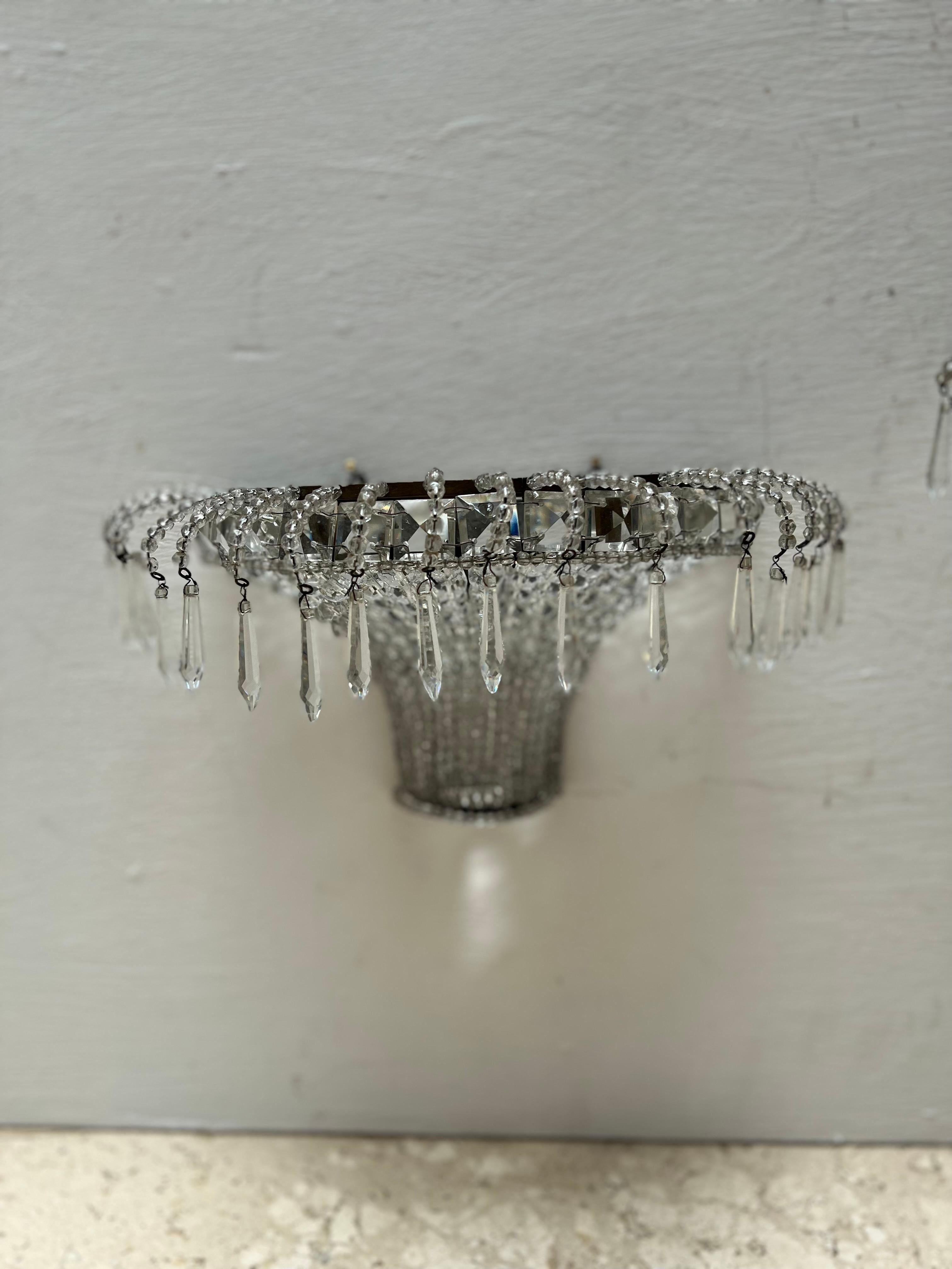 Pair of Art Deco Cut Crystal 'Half Basket' Sconces, France, circa 1920s For Sale 3