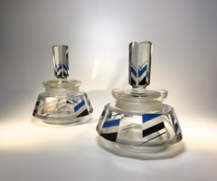Pair of Art Deco Czech Black Silver Blue Enamel Lidded Vanity Pots, circa 1920s