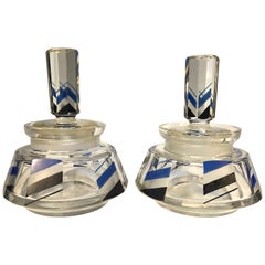 Pair of Art Deco Czech Black Silver Blue Enamel Lidded Vanity Pots, circa 1920s