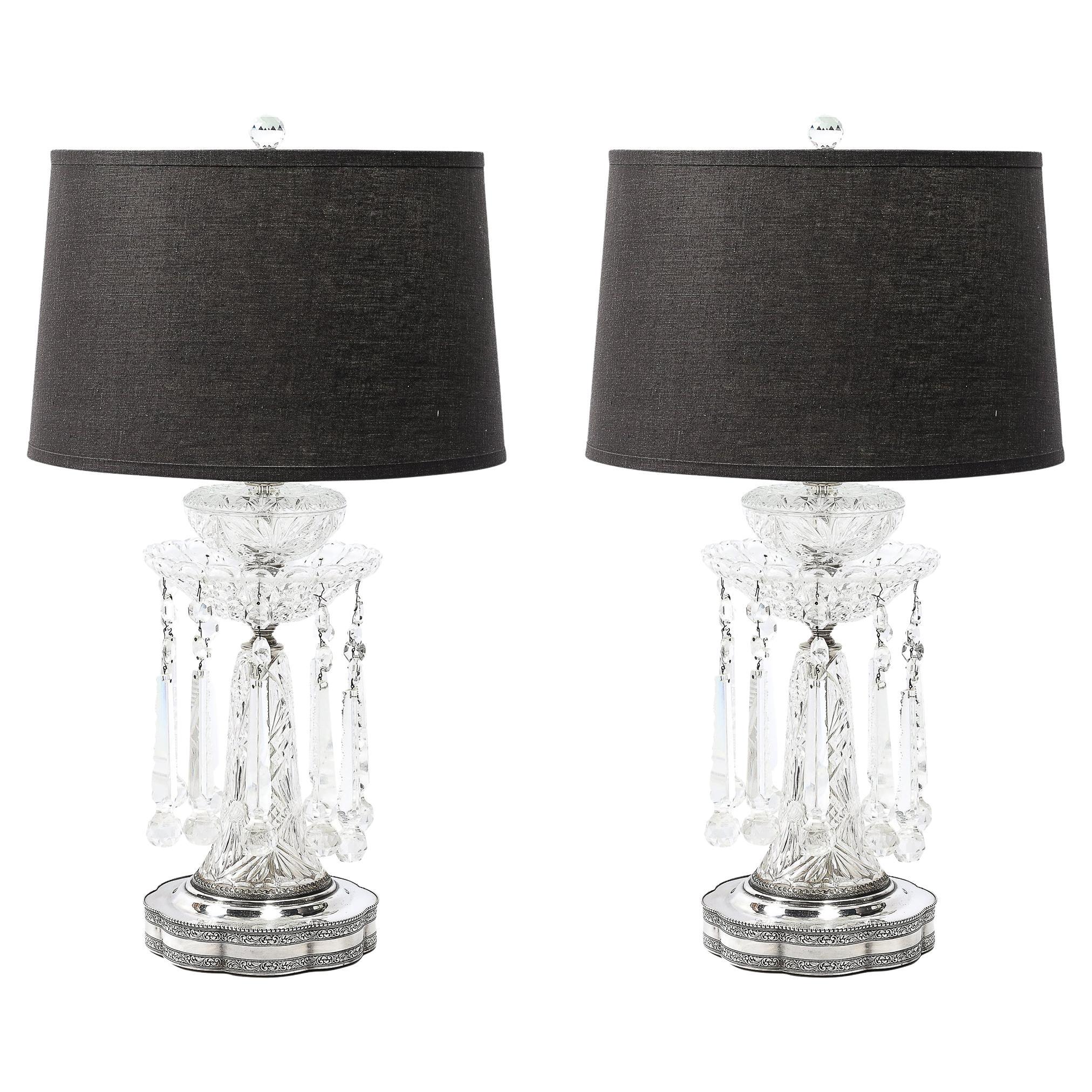 Pair of Art Deco Czech U S zone Cut Crystal and Silver Plated Table Lamps For Sale