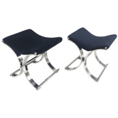 Pair of Art Deco Decorator Heavy Chrome X Base Benches / Footstools Velvet Seats