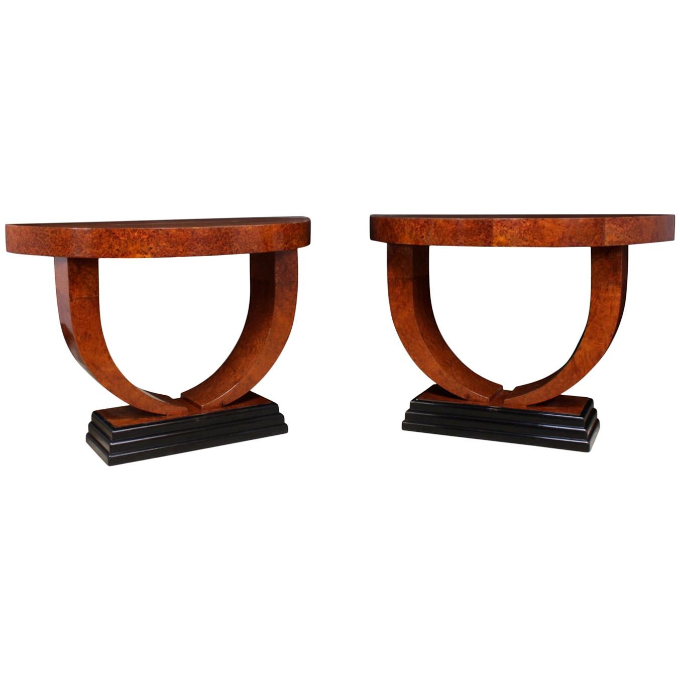 Pair of Art Deco Demilune Console Tables For Sale