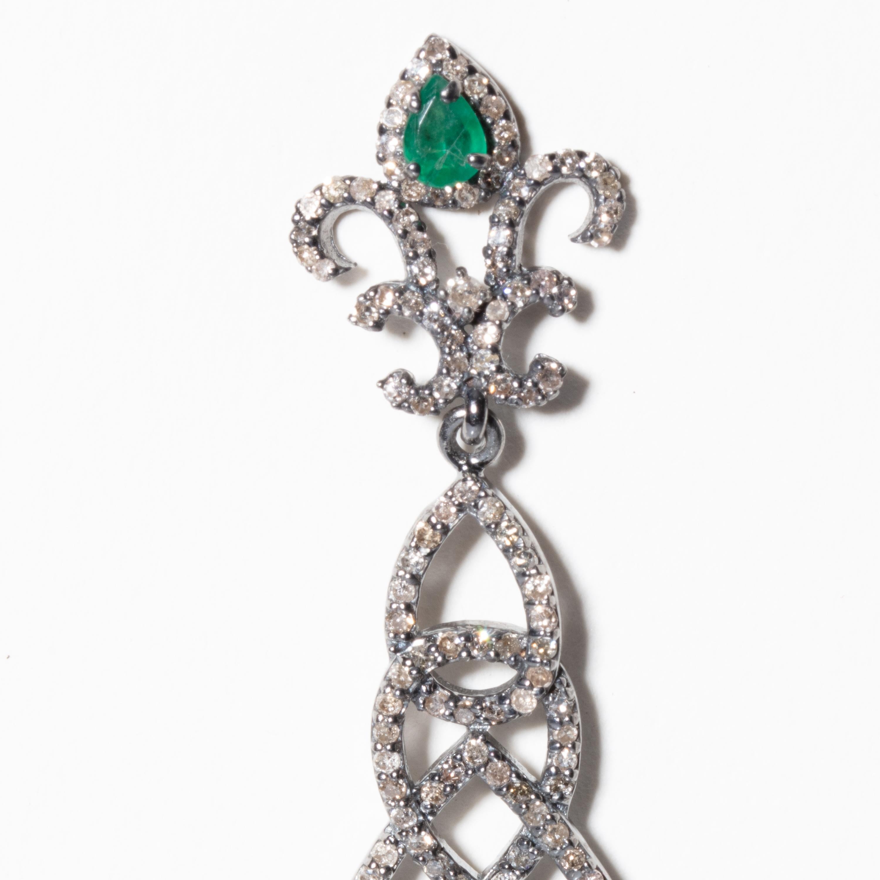 Women's or Men's Pair of Art Deco Design Emerald and Diamond Dangle Earrings