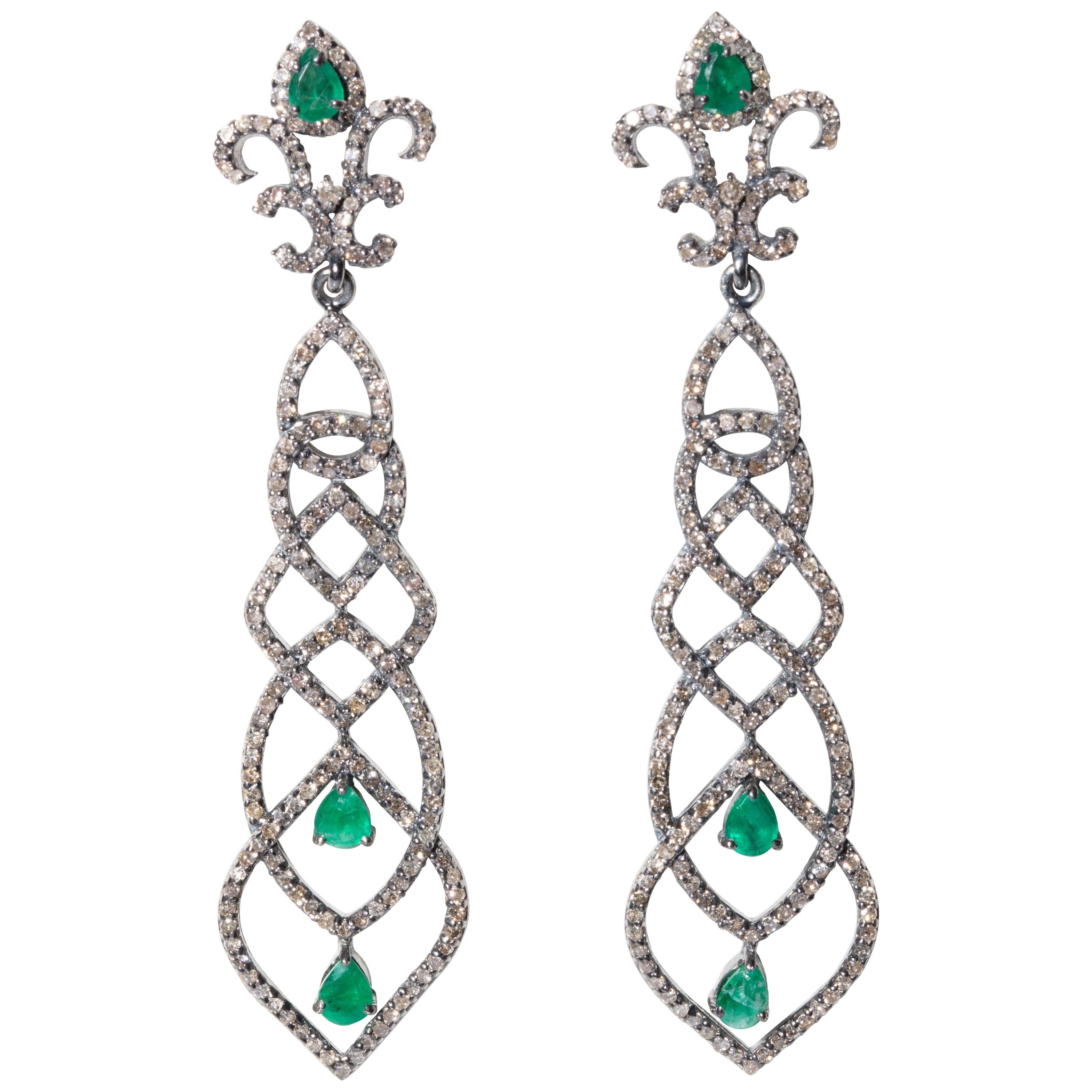 Pair of Art Deco Design Emerald and Diamond Dangle Earrings