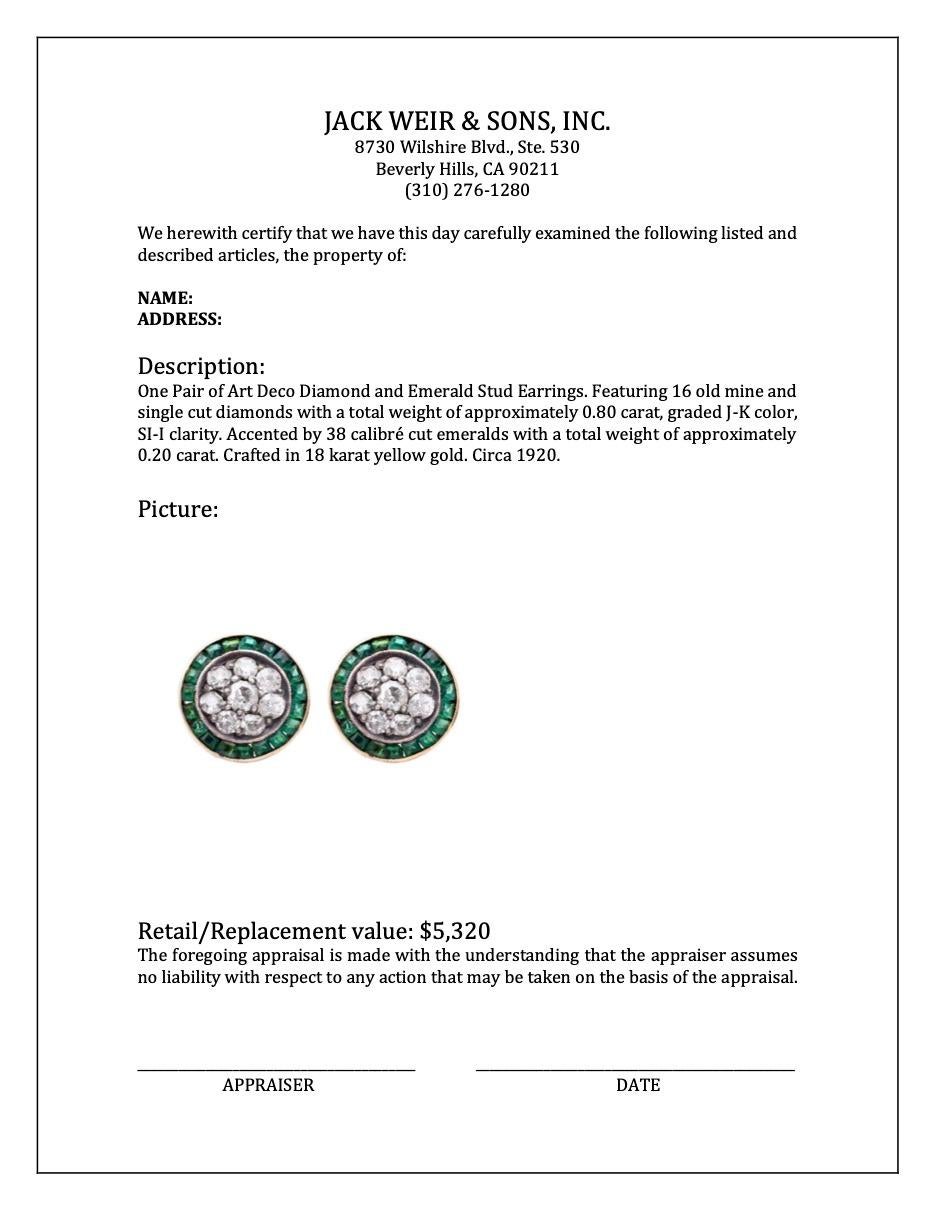 Pair of Art Deco Diamond and Emerald Stud Earrings For Sale 1