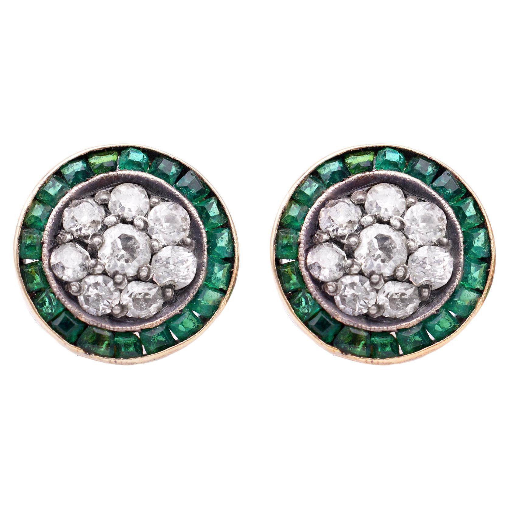 Pair of Art Deco Diamond and Emerald Stud Earrings For Sale