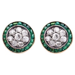 Antique Pair of Art Deco Diamond and Emerald Stud Earrings