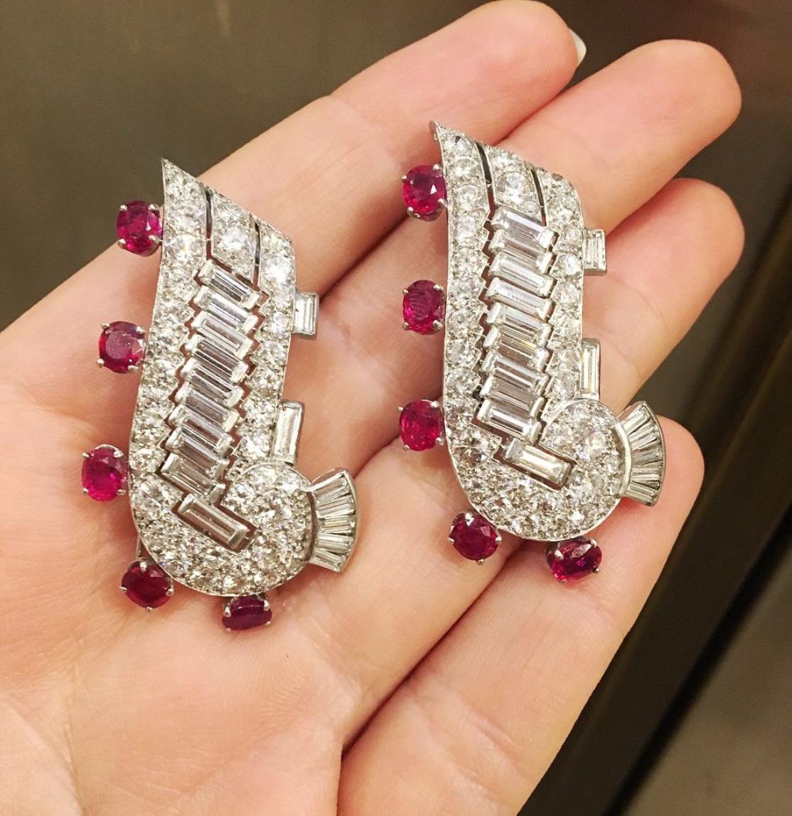 Women's or Men's Pair of Art Deco Diamond and Ruby Scroll Design Dress Clip Brooches