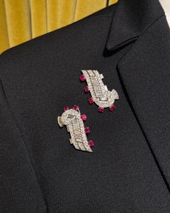 Pair of Art Deco Diamond and Ruby Scroll Design Dress Clip Brooches
