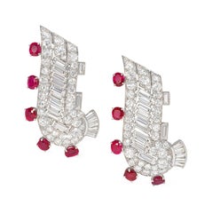 Pair of Art Deco Diamond and Ruby Scroll Design Dress Clip Brooches