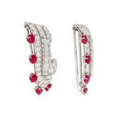 Pair of Art Deco Diamond and Ruby Scroll Design Dress Clip Brooches