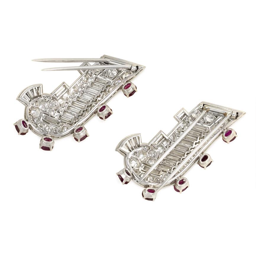 Baguette Cut Pair of Art Deco Diamond and Ruby Scroll Design Dress Clip Brooches