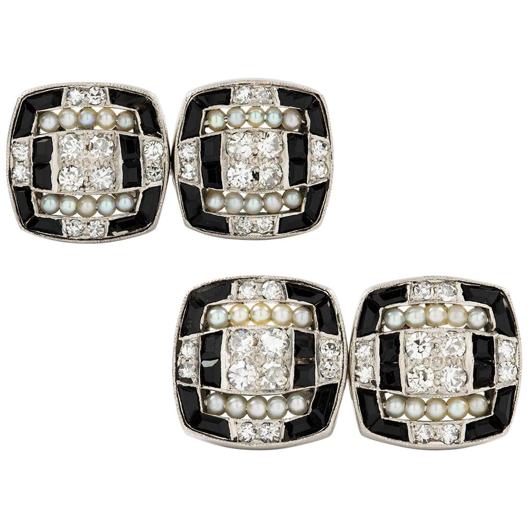 Pair of Art Deco Diamond, Pearl and Onyx Cufflinks