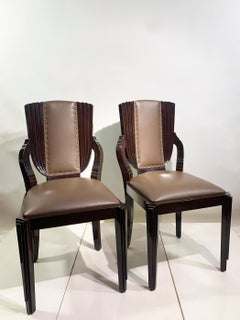 Pair of Art Deco Dining Chairs in Dark Wood and  Leather, Circa 1930s