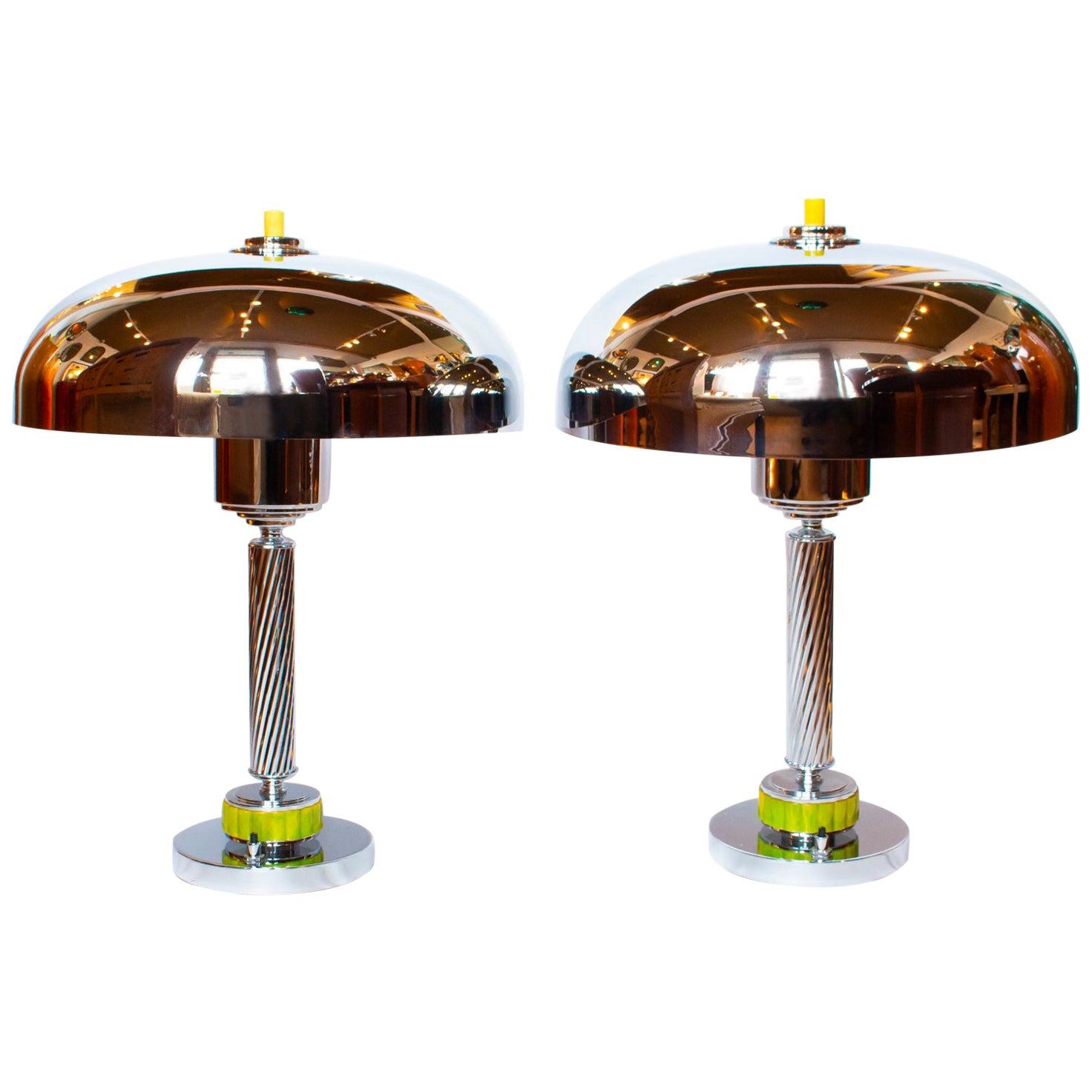 Pair of Art Deco Dome Lamps with Chrome Domed Shades with Chrome Beveled Stem For Sale