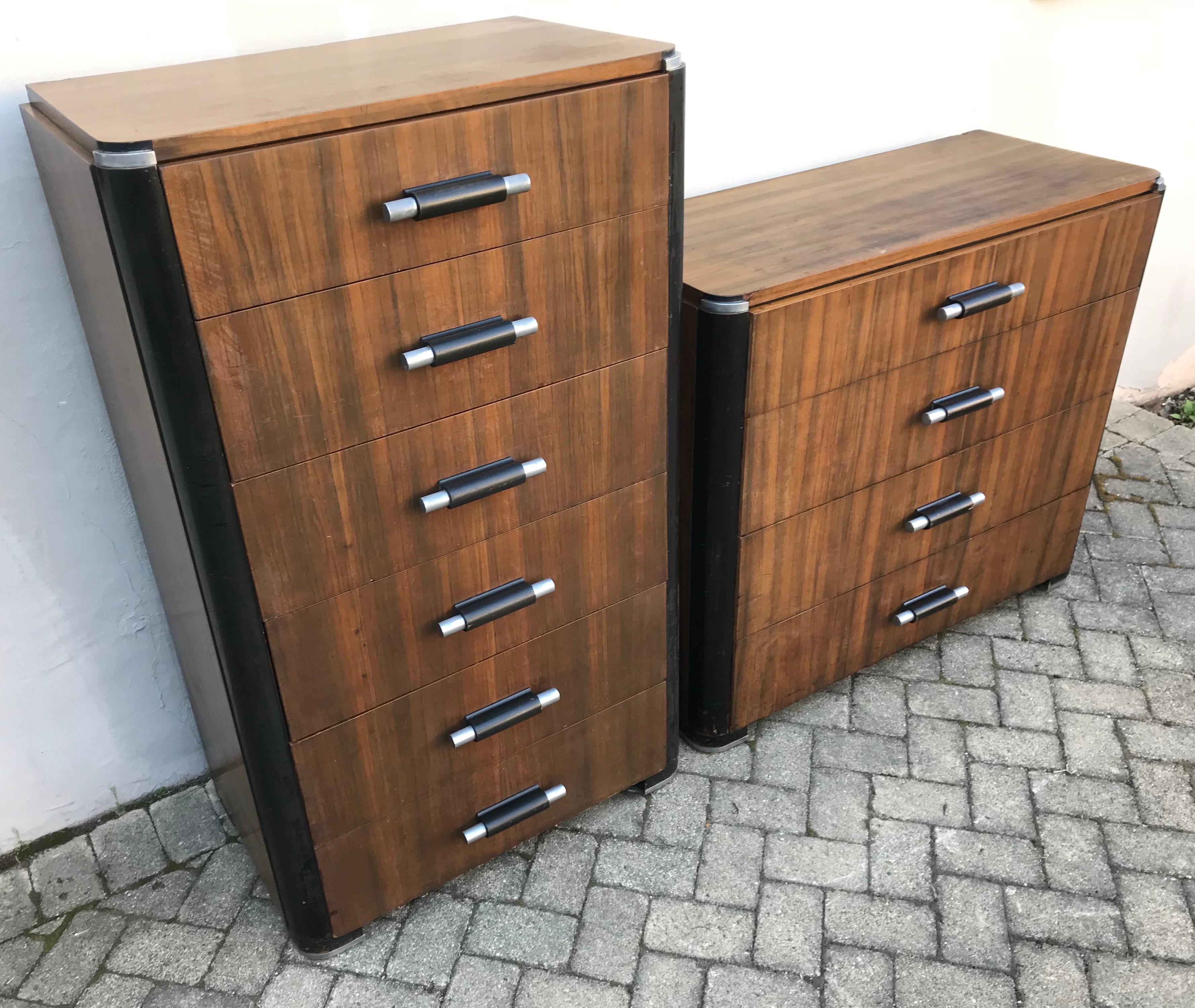 Exceptional pair of Art Deco dressers by Donald Deskey for Valentine Seaver Company circa 1930. Very rare in East Indian Rosewood veneer, all original aged condition, no missing hardware or repairs. 

Professionally cleaned but keeping beautiful
