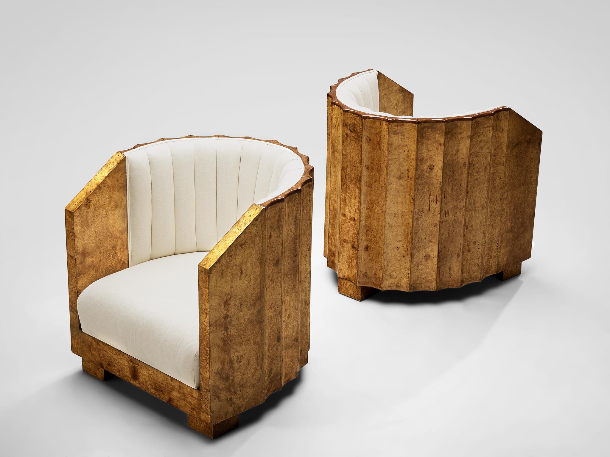 Early 20th Century Pair of Art Deco Easy Chairs in Maple Burl