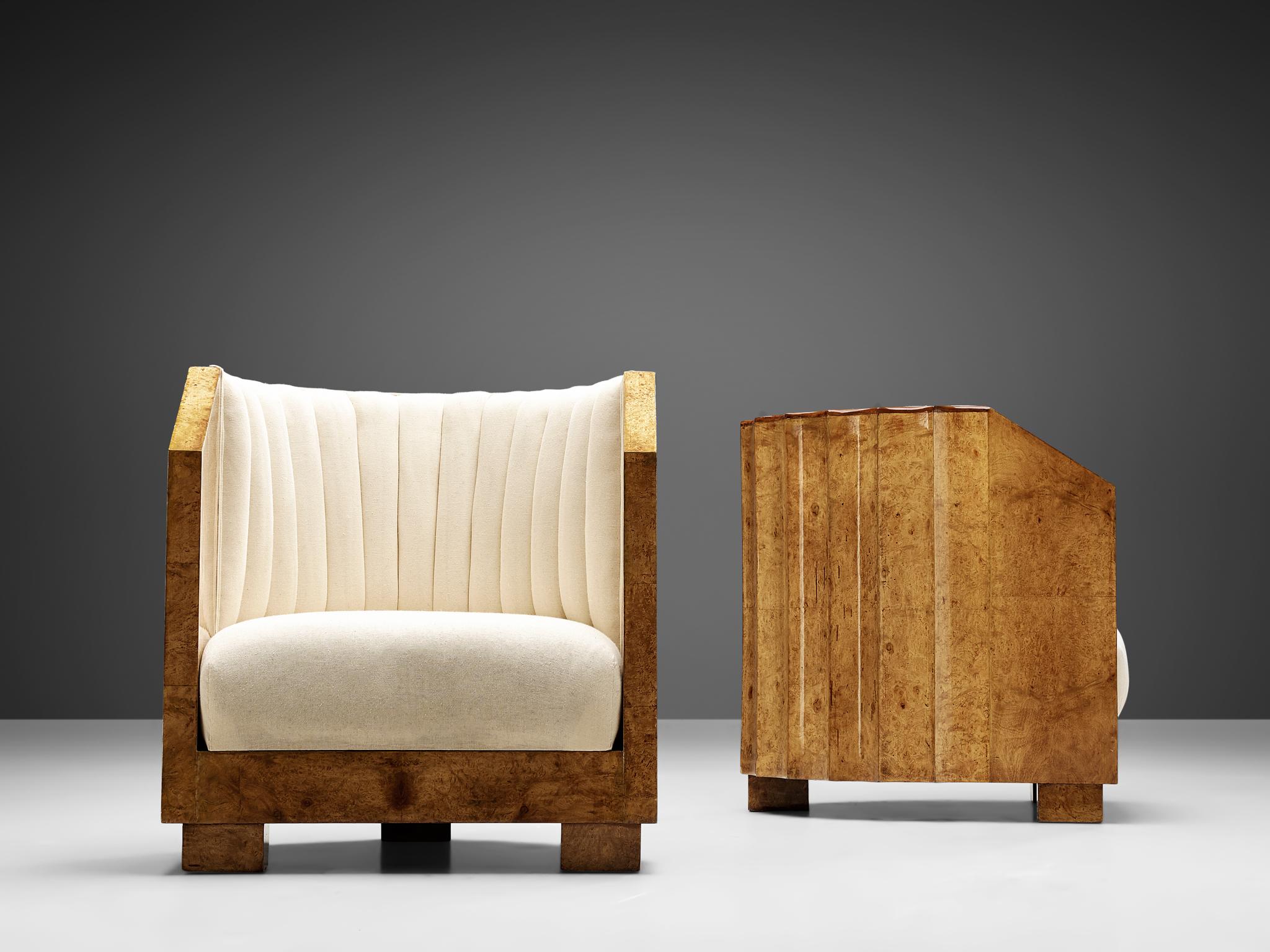 Pair of Art Deco Easy Chairs in Maple Burl 1