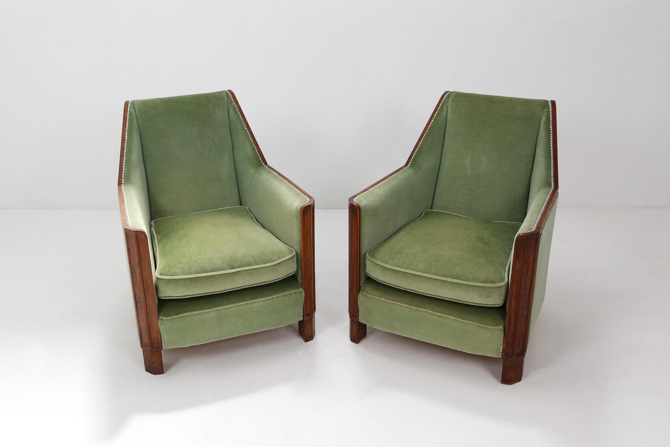 Pair of Art Deco Easy Chairs in Velvet Green 6