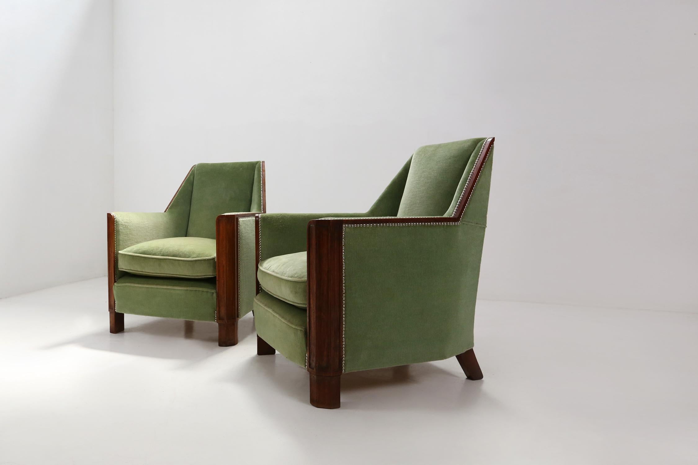 French Pair of Art Deco Easy Chairs in Velvet Green