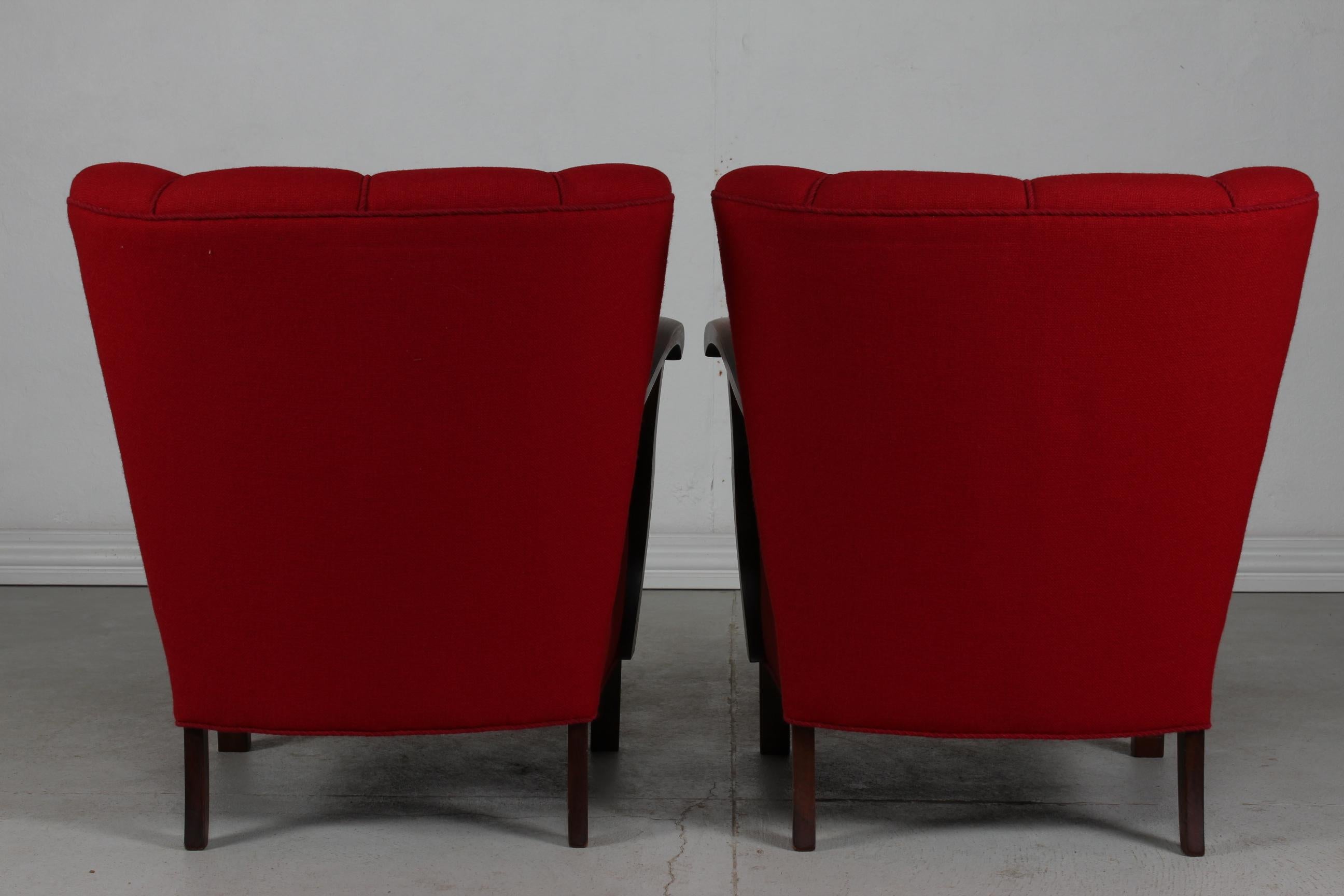 Pair of Art Deco Easy Chairs in Viggo Boesen Style with Red Wool, Denmark 1930's For Sale 5