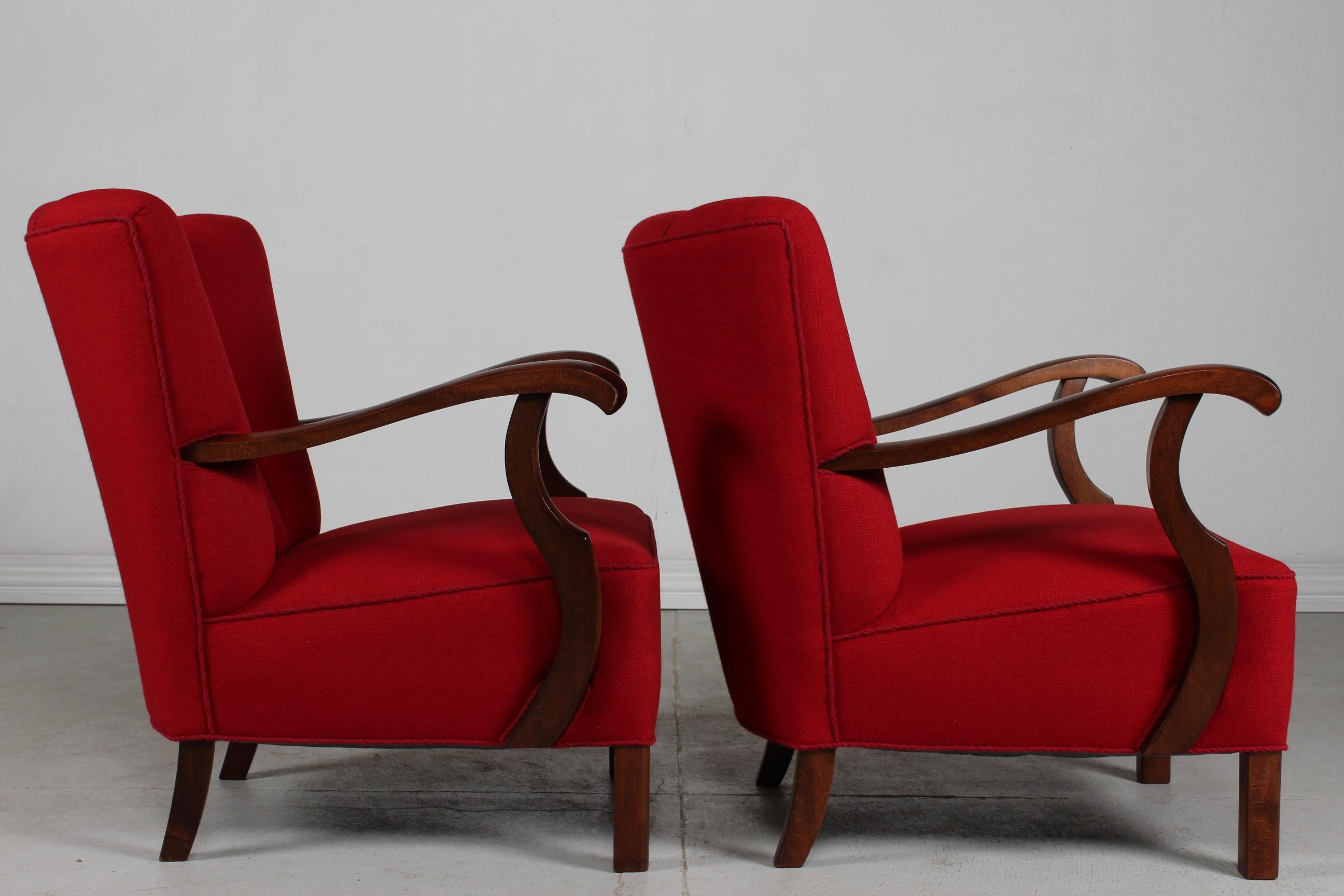 Pair of Art Deco Easy Chairs in Viggo Boesen Style with Red Wool, Denmark 1930's For Sale 6