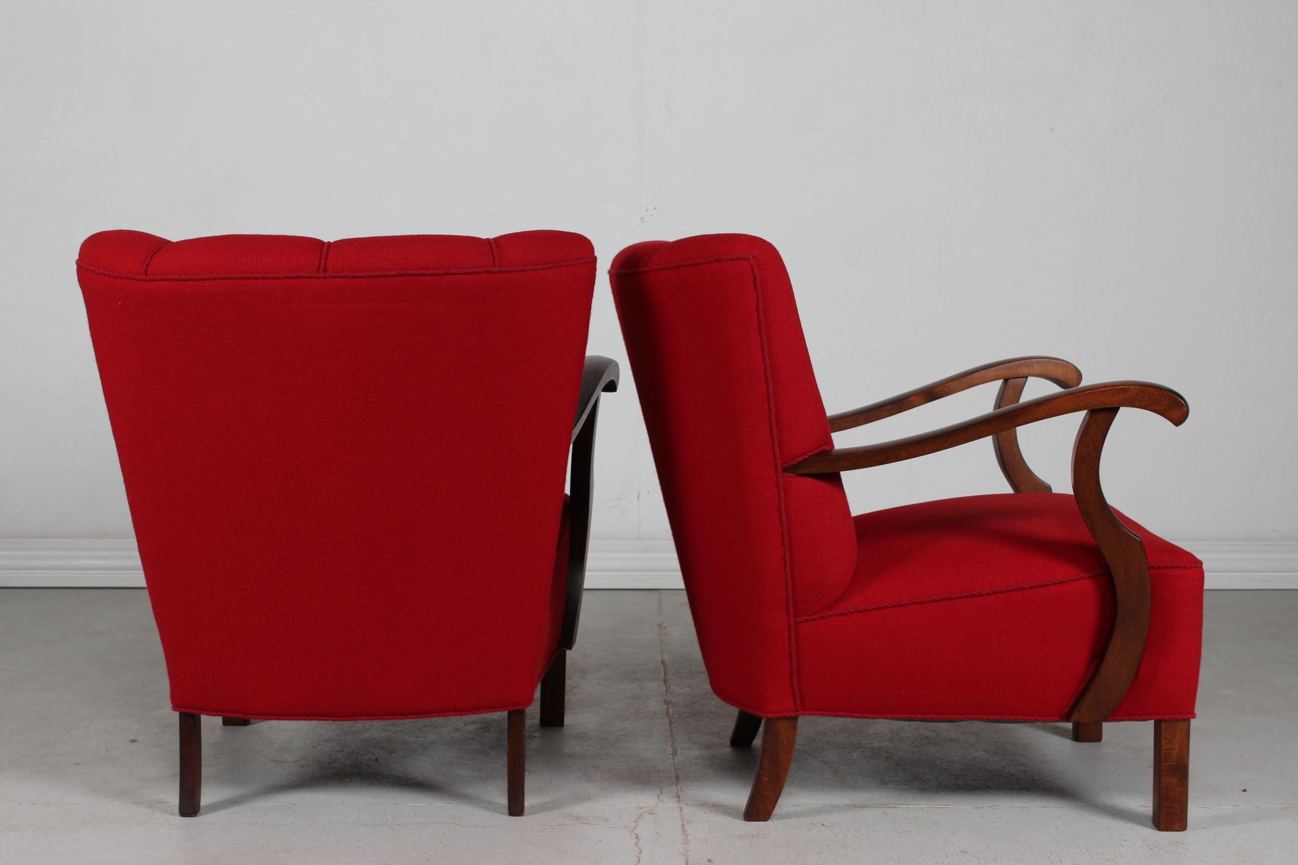 Danish Pair of Art Deco Easy Chairs in Viggo Boesen Style with Red Wool, Denmark 1930's For Sale
