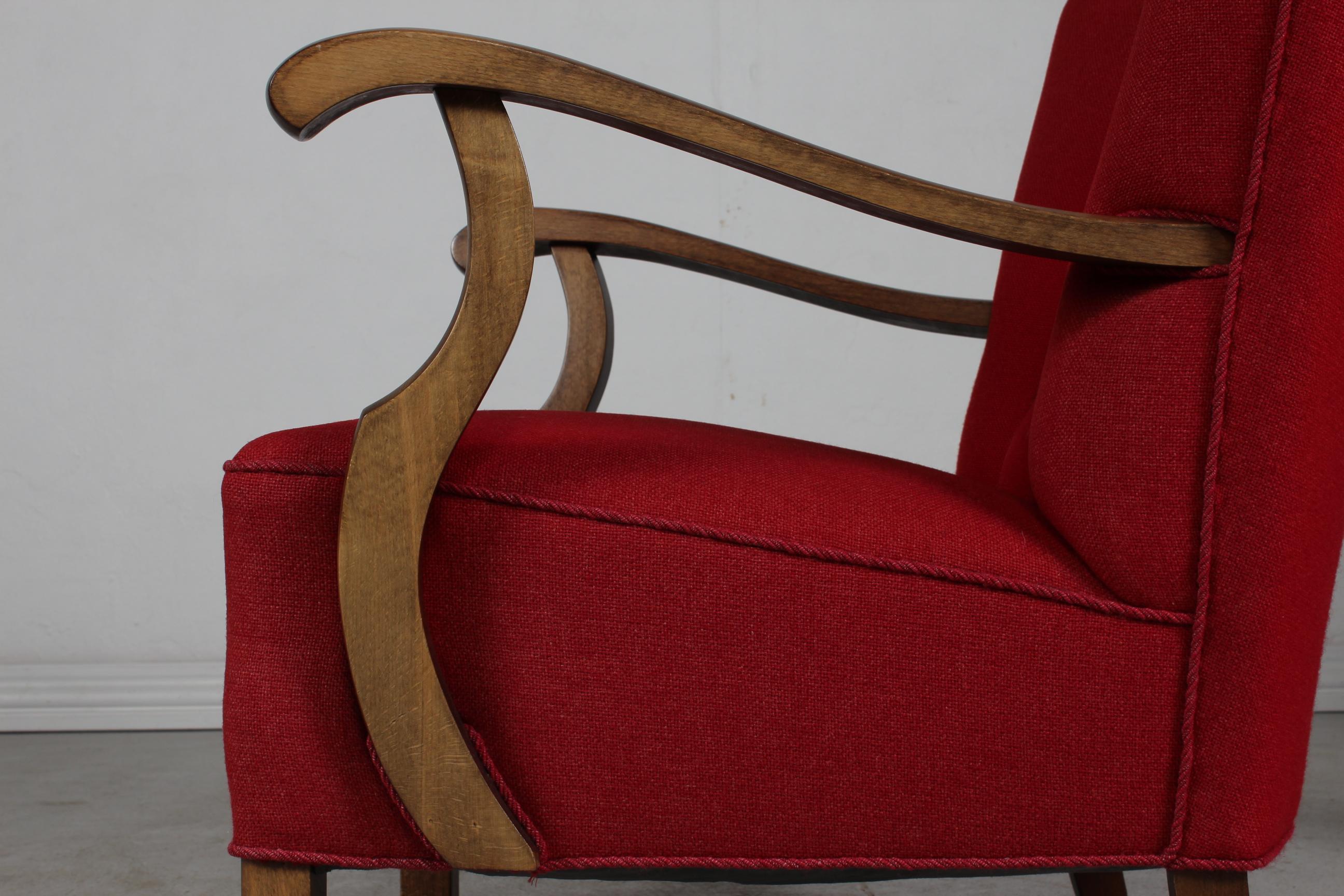 Pair of Art Deco Easy Chairs in Viggo Boesen Style with Red Wool, Denmark 1930's For Sale 3