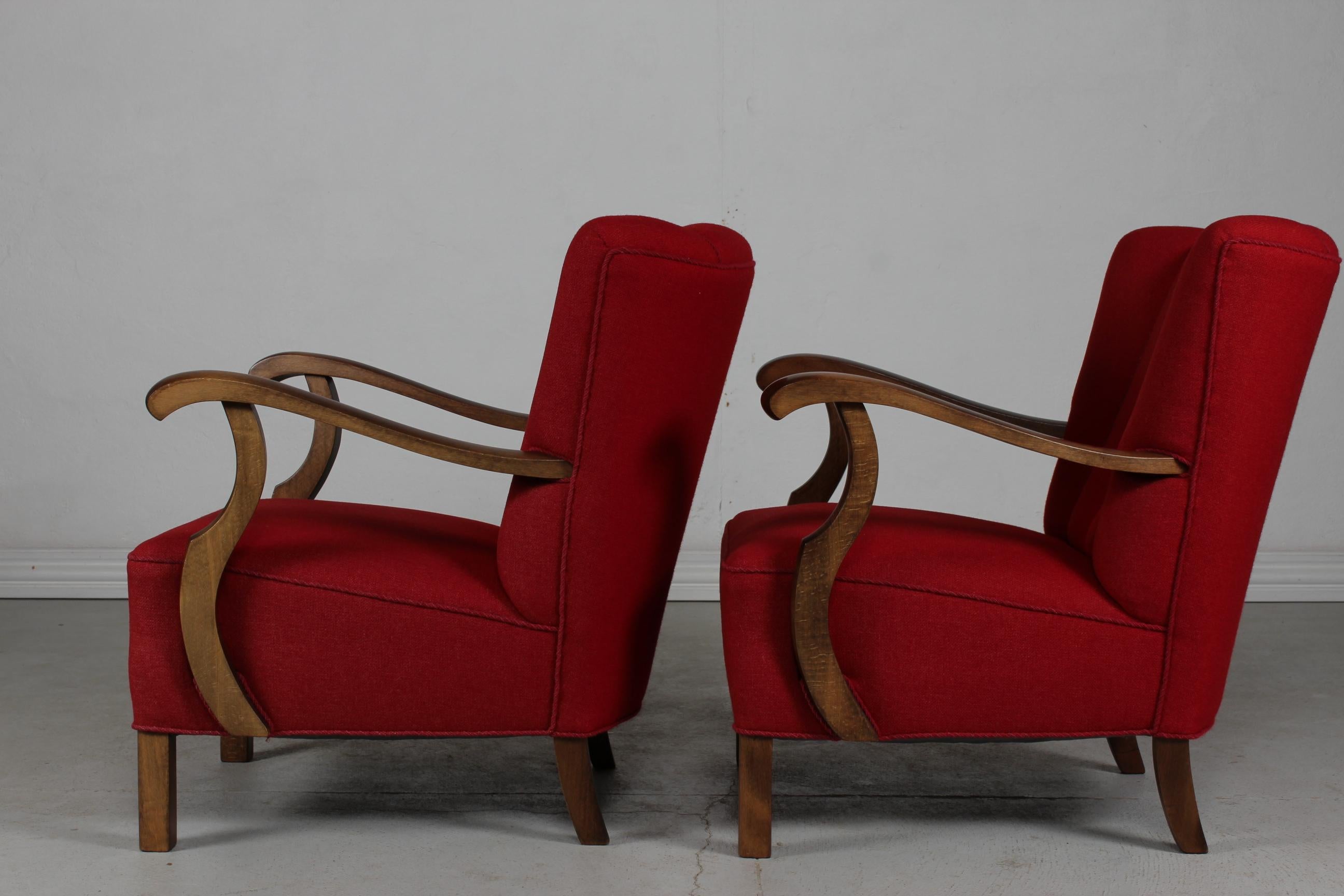 Pair of Art Deco Easy Chairs in Viggo Boesen Style with Red Wool, Denmark 1930's For Sale 4