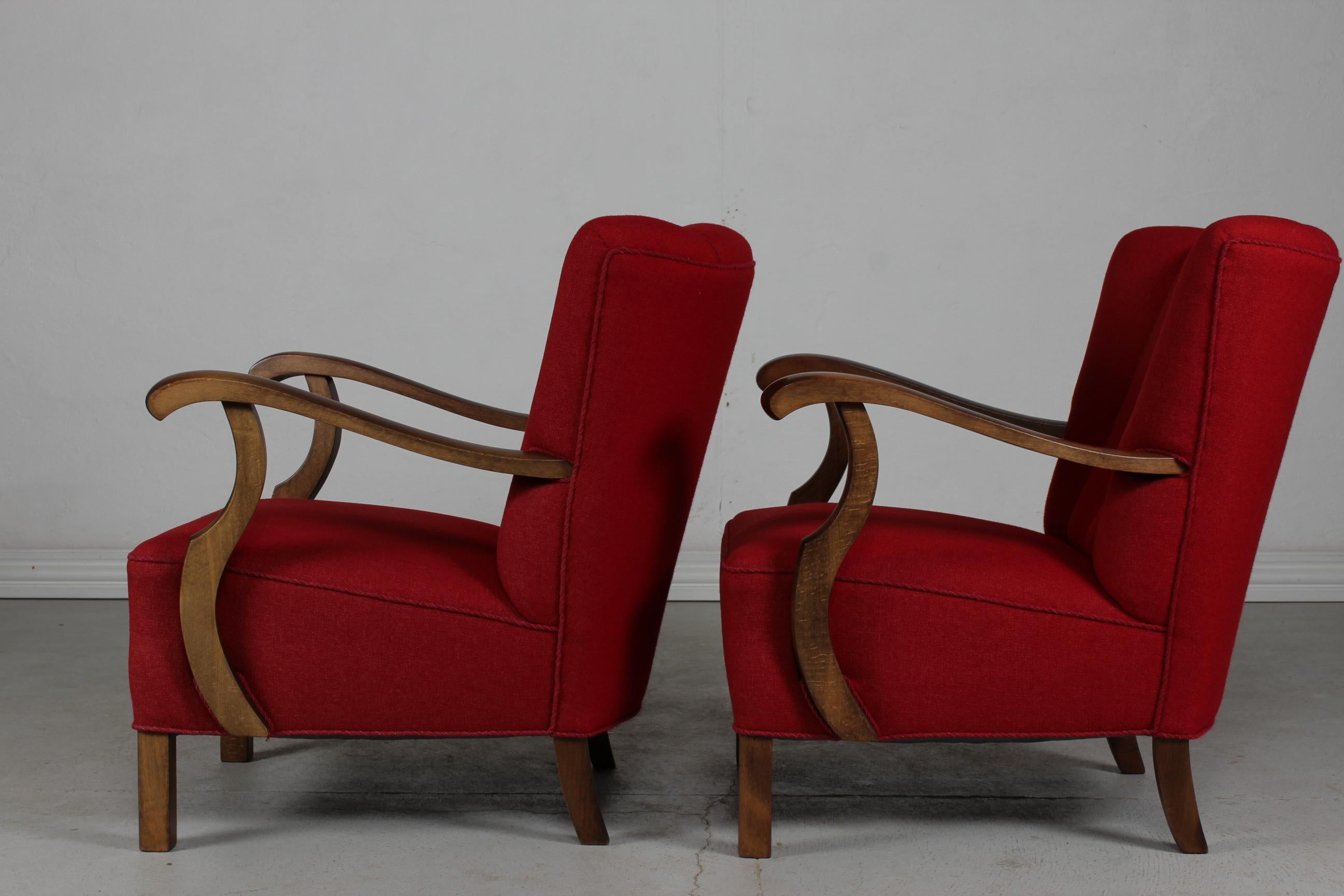 Pair of Art Deco Easy Chairs in Viggo Boesen Style with Red Wool, Denmark 1930's en vente 2