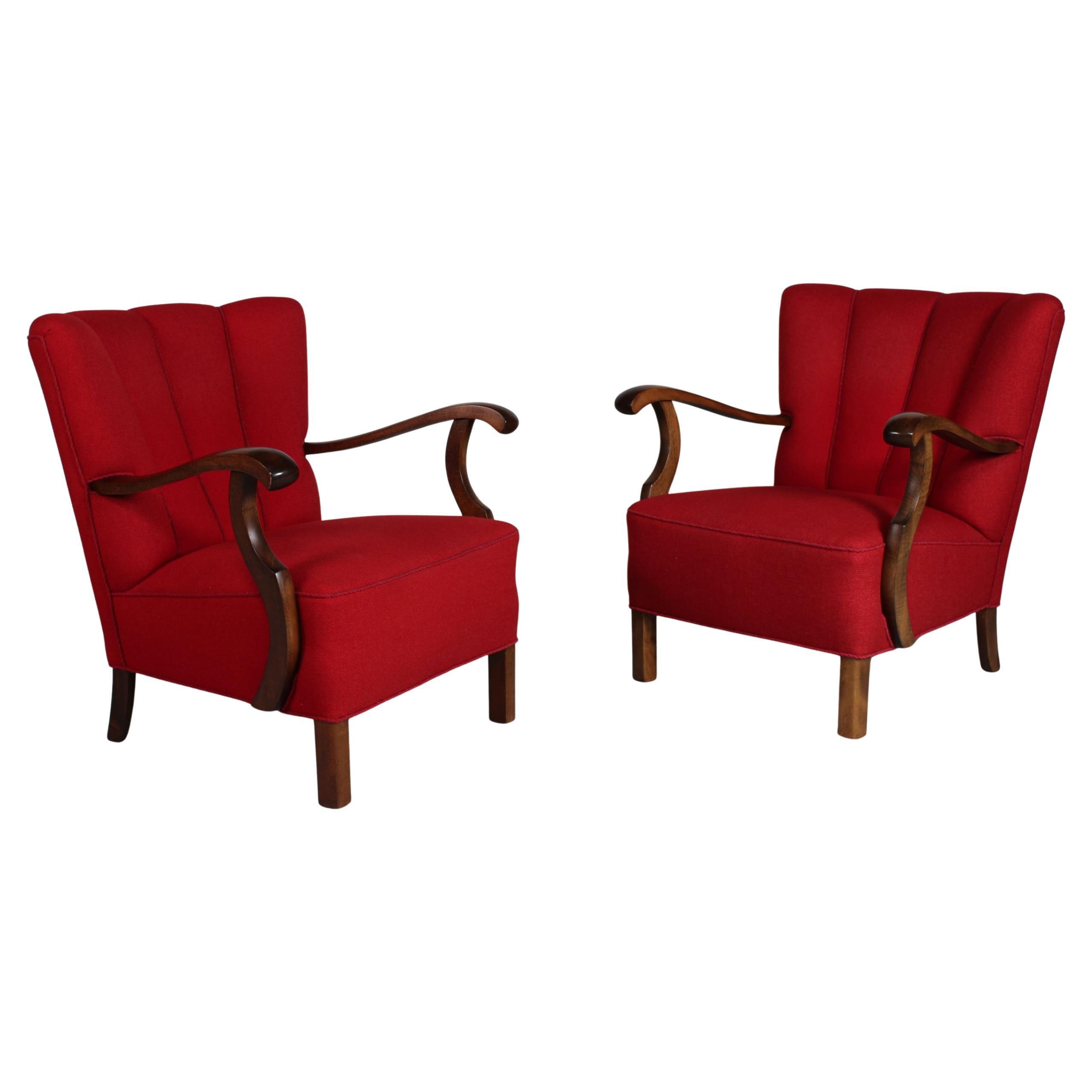 Pair of Art Deco Easy Chairs in Viggo Boesen Style with Red Wool, Denmark 1930
s