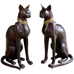 Vintage Pair of Art Deco Egyptian Revival Bronze Cats Signed A. Toit France, circa 1970