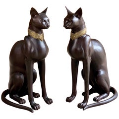 Pair of Art Deco Egyptian Revival Bronze Cats Signed A. Toit France, circa 1970