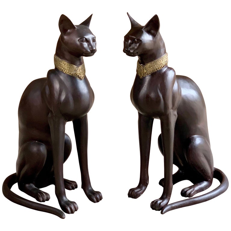 Pair of Art Deco Egyptian Revival Bronze Cats Signed A. Toit France, circa 1970 at 1stDibs