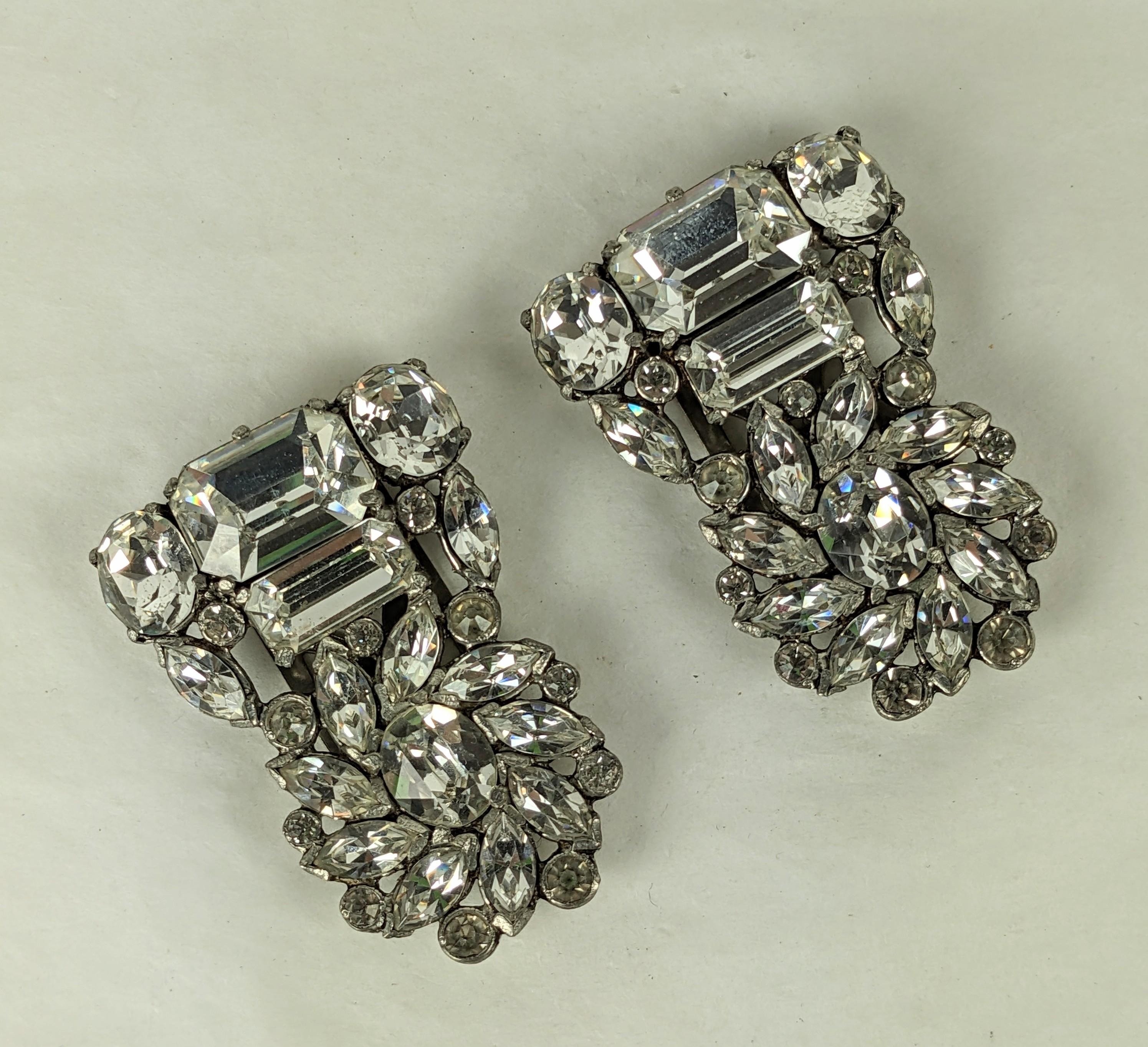 Large Pair of Art Deco Eisenberg Clips from the 1930's. Huge Swarovski crystals set in white metal designed as striking dress clips. Unsigned but definitely made by Eisenberg with signature clip fittings. 1930's USA. Each 2
