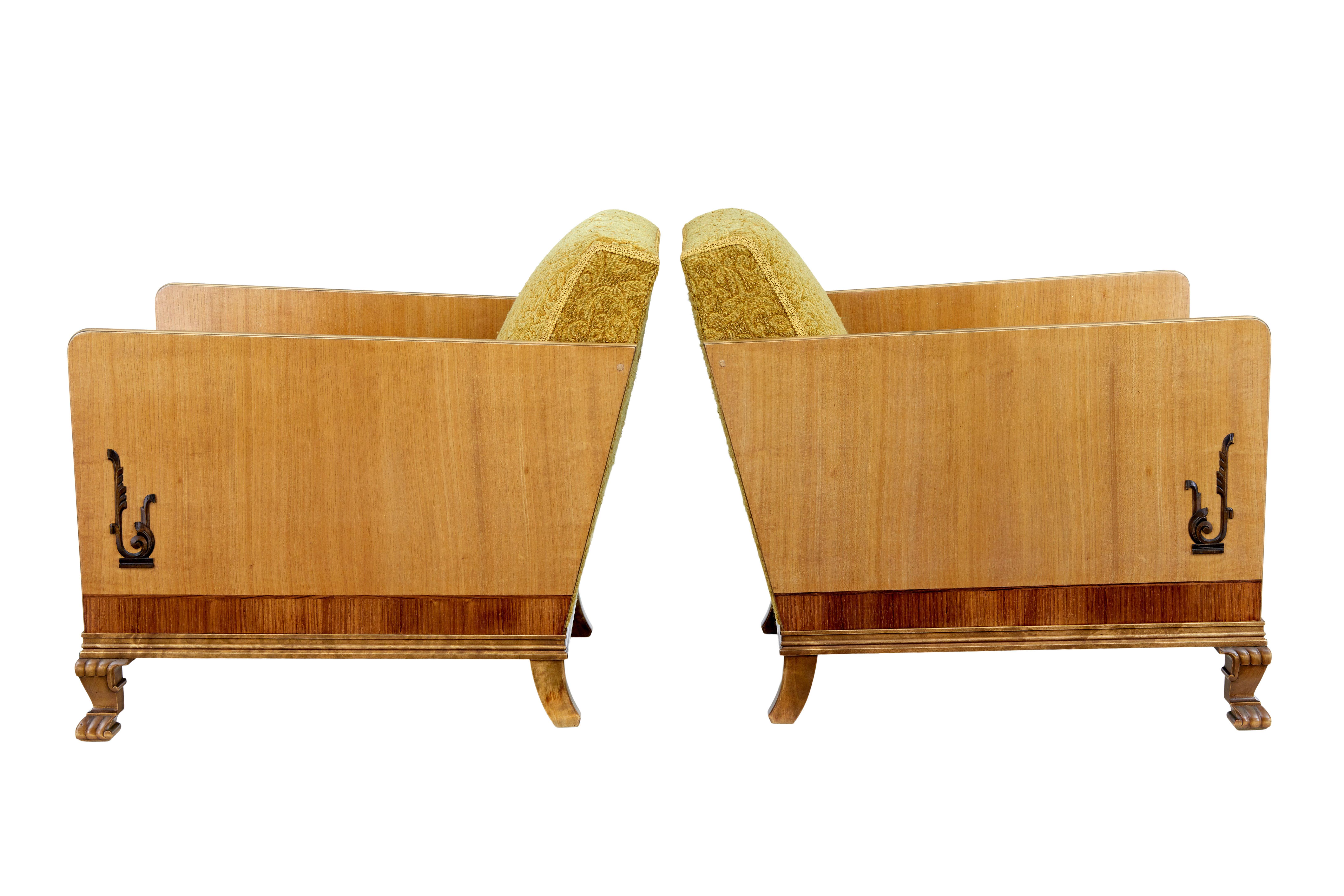 Fabric Pair of Art Deco elm and birch lounge armchairs For Sale