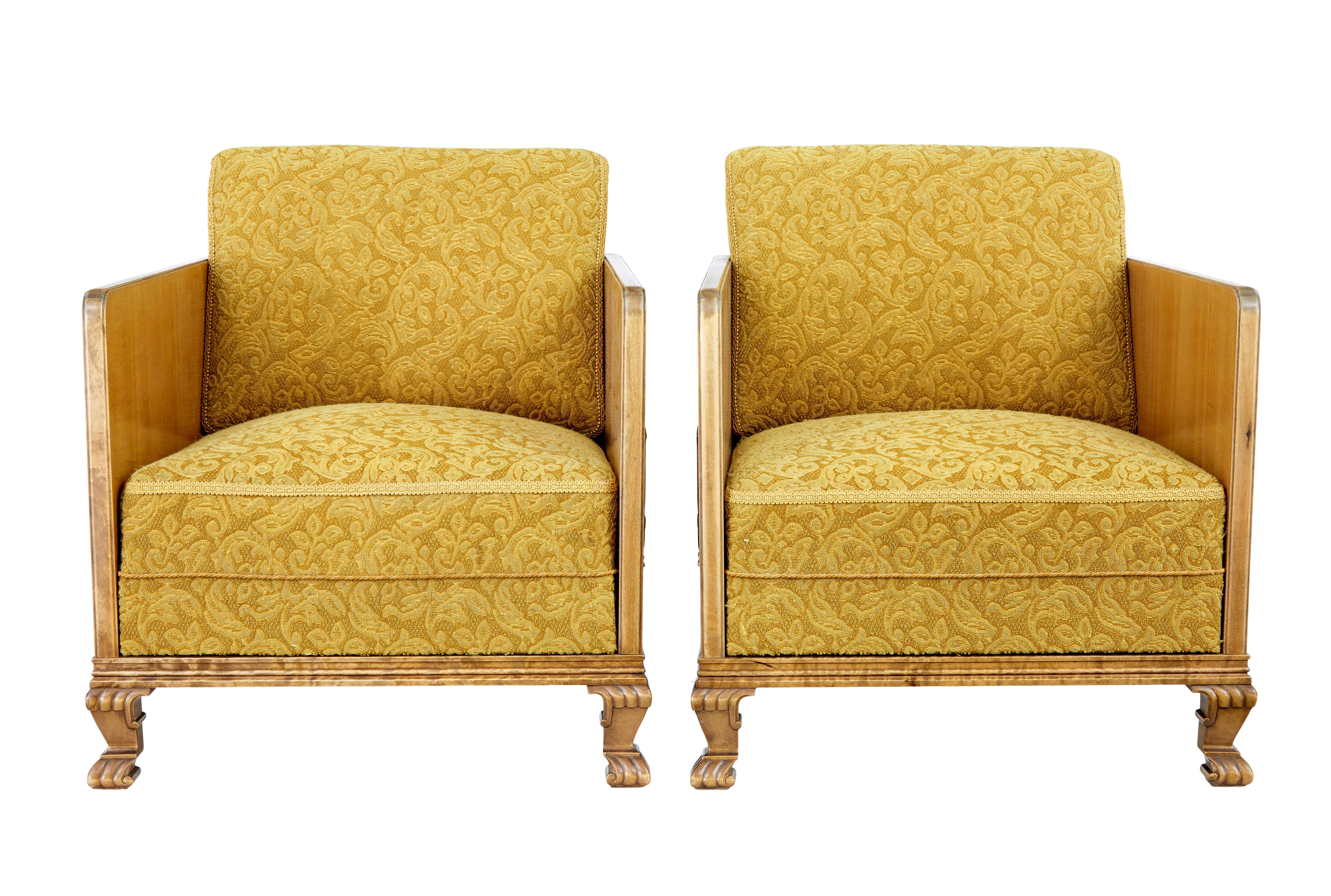 Fabric Pair of Art Deco elm and birch lounge armchairs