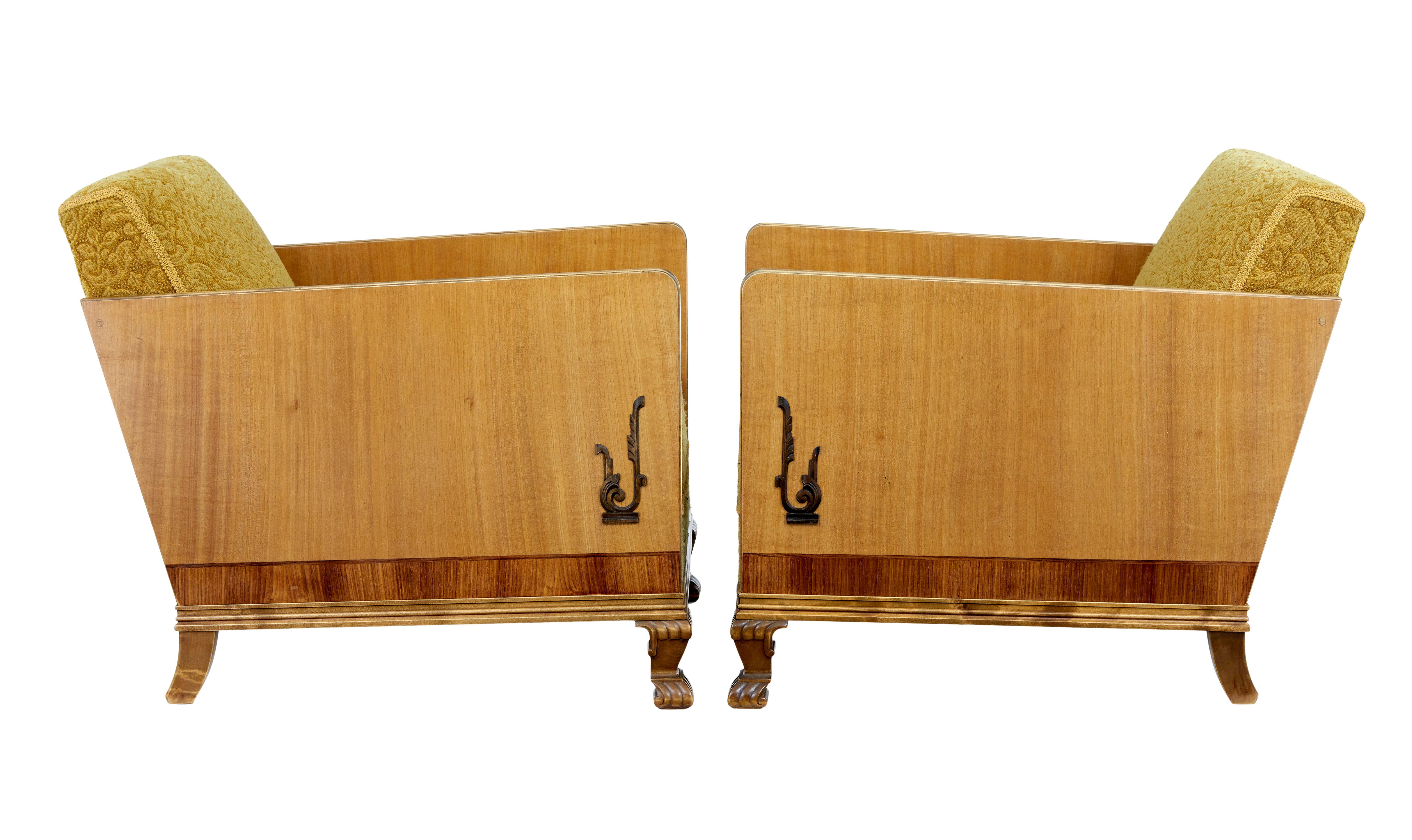 Pair of Art Deco elm and birch lounge armchairs For Sale 1