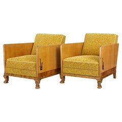 Pair of Art Deco elm and birch lounge armchairs