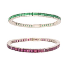 Pair of Art Deco Emerald and Ruby Line Bracelets