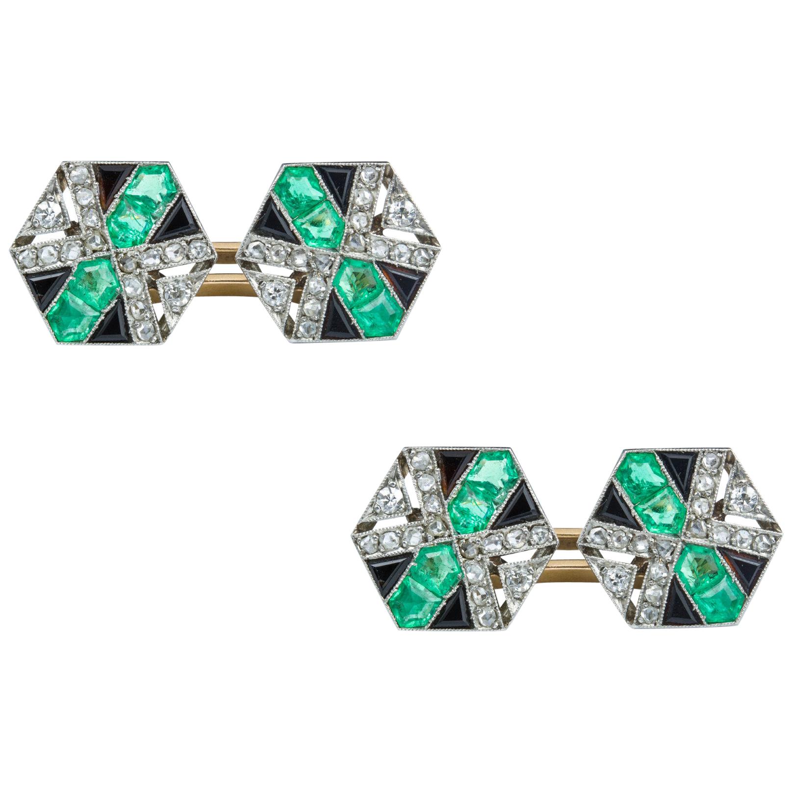 Pair of Art Deco Emerald, Diamond and Onyx Set Cufflinks