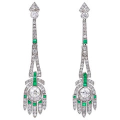 Antique Pair of Art Deco Emerald, Diamond and Platinum Earrings