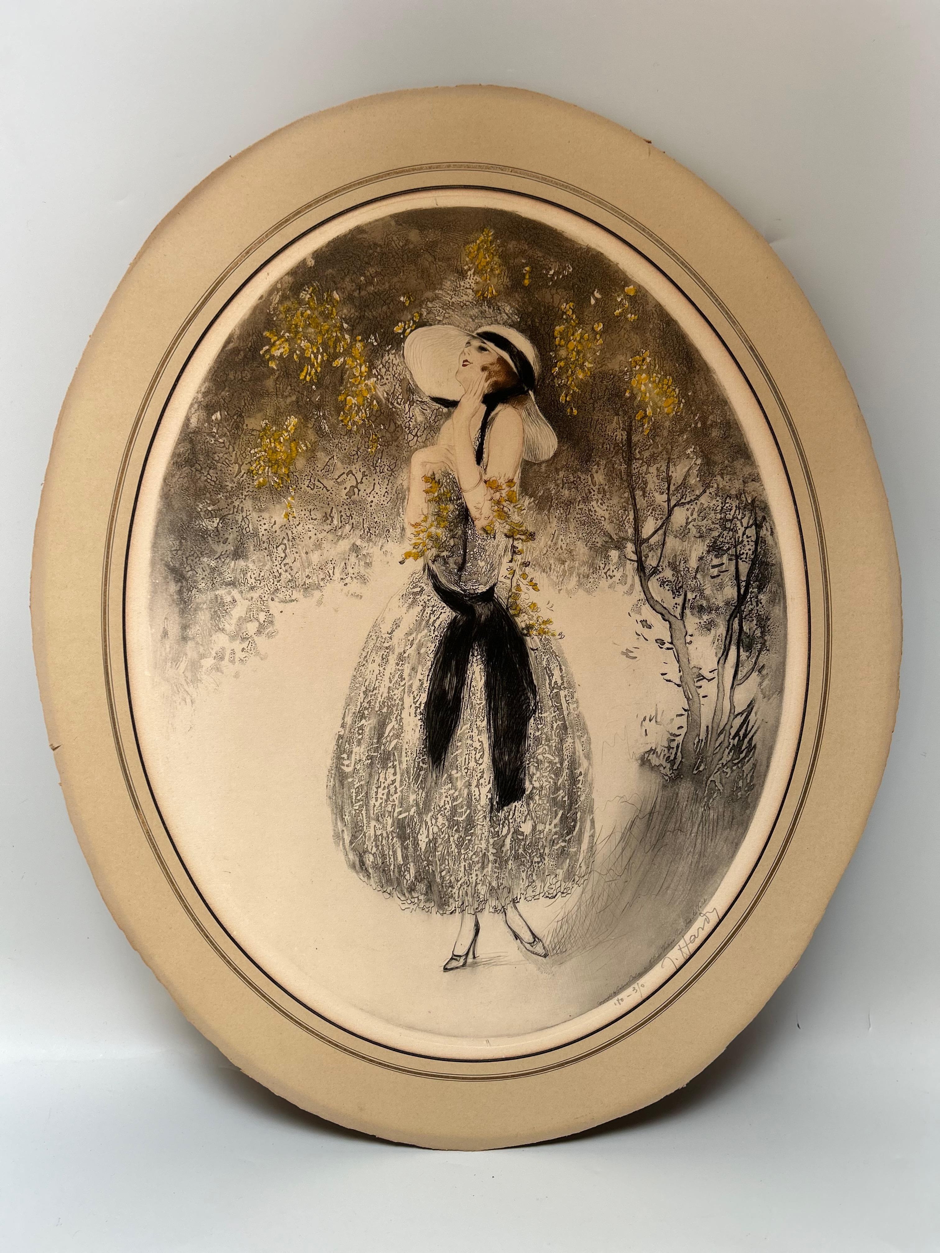Paar Art-Déco-Gravuren um 1925.
Elegant mit einem Hut von Jean Hardy.
Original geschnitzter Holzrahmen.
In sehr gutem Zustand.

Höhe: 58.5 cm
Breite: 48 cm
Die Dicke: 3 cm
Gesamtgewicht: 5 kg

Jean Hardy, französischer Graveur, Dekorateur und