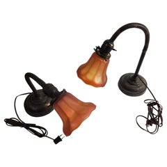 Pair of Art Deco Era Gooseneck Desk Table Lamps with Aurene Shades