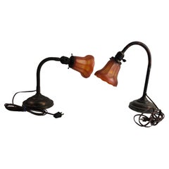 Pair of Art Deco Era Gooseneck Desk Table Lamps with Aurene Shades