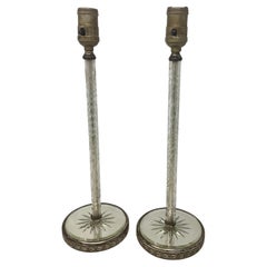Pair of Art Deco Etched Glass Column Lamps with Mirrored Starburst Base