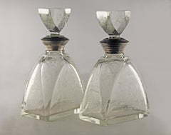 Pair of Art Déco Etched Glass Liquor Decanters with Sterling Silver Necks